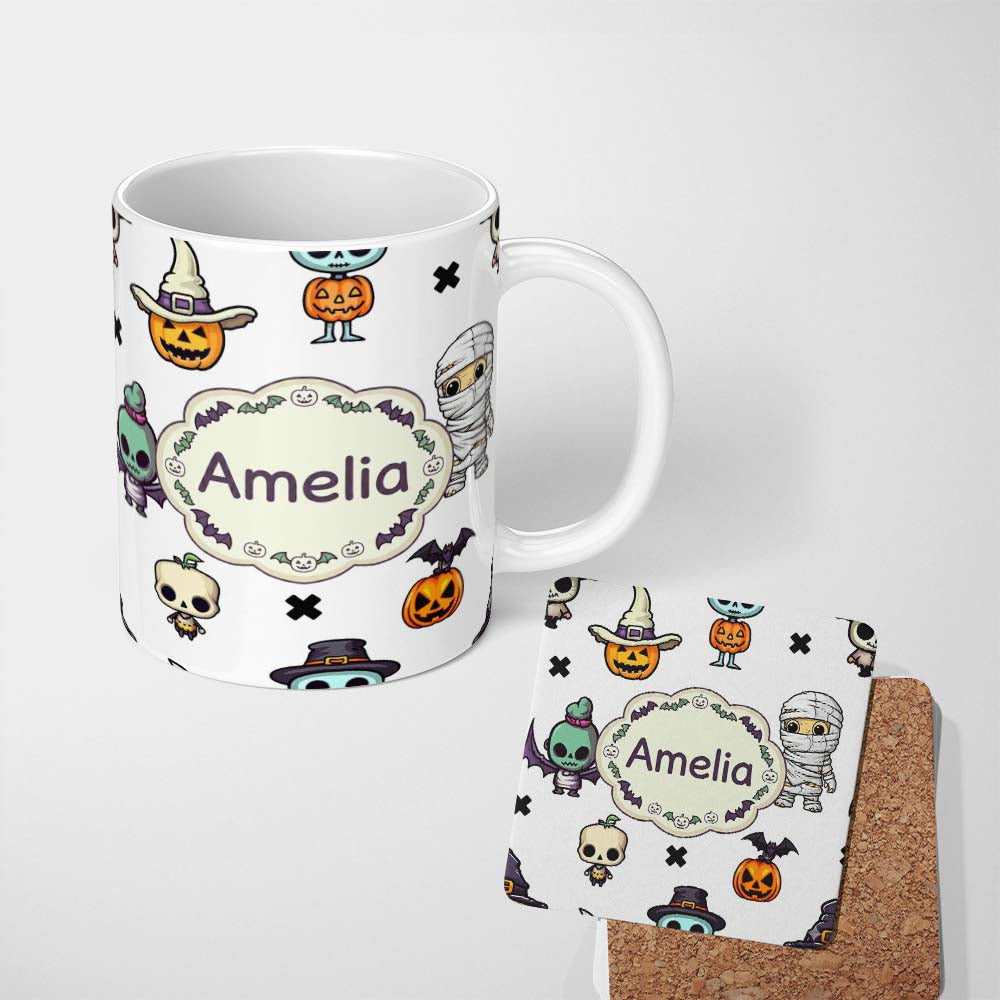 Personalized Custom Name Cute Halloween Frankenstein Mummy Bat Pumpkin Seamless Pattern Grey 11oz Ceramic Coffee Tea Mug White Large Handle