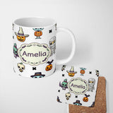 Personalized Custom Name Cute Halloween Frankenstein Mummy Bat Pumpkin Seamless Pattern Grey 11oz Ceramic Coffee Tea Mug White Large Handle