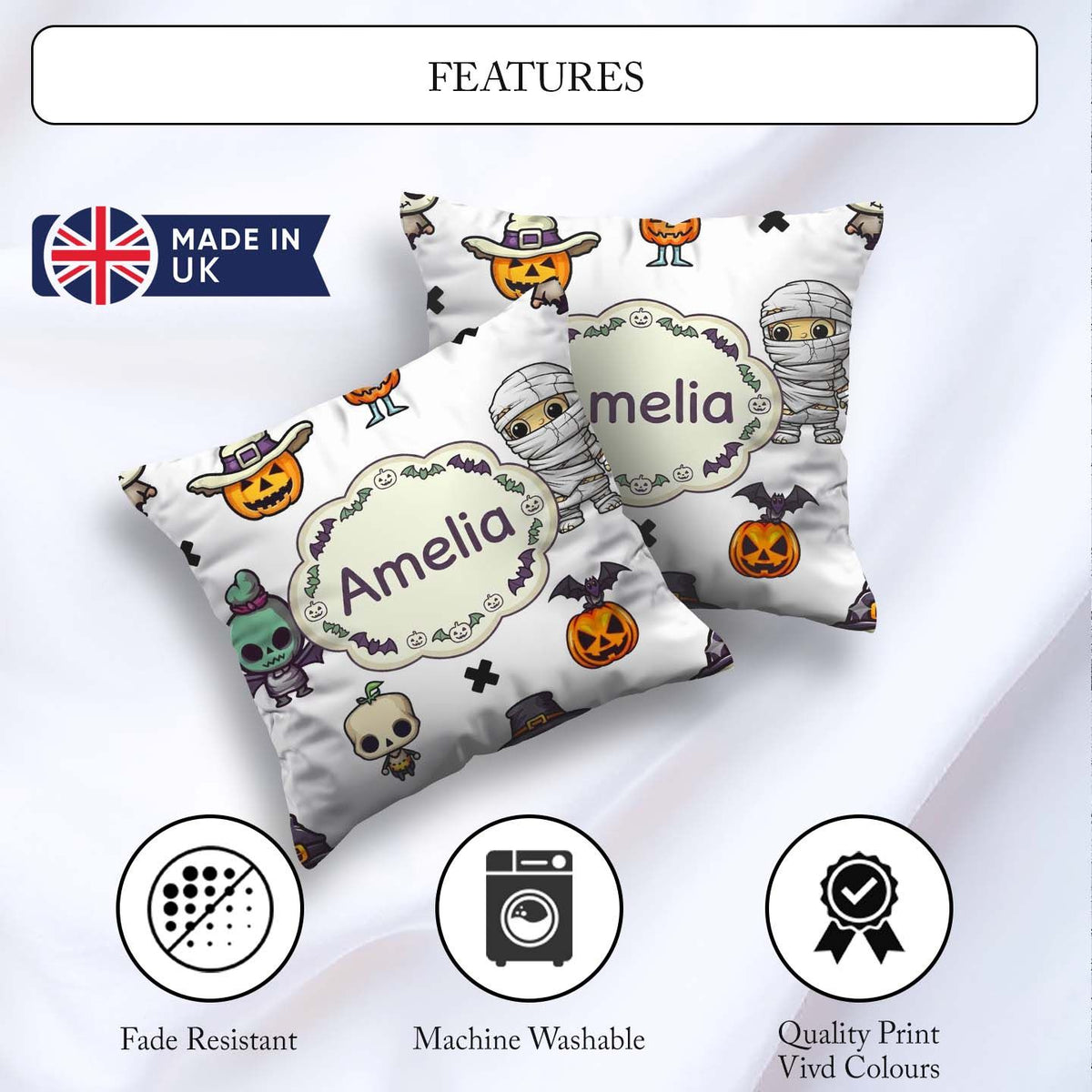 Custom Name Frankenstein Mummy Bat Pumpkin Seamless Pattern Grey Square Filled Cushion Throw Pillow Sofa Bed Home Decor Zip Washable UK Made