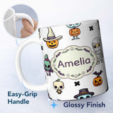 Personalized Custom Name Cute Halloween Frankenstein Mummy Bat Pumpkin Seamless Pattern Grey 11oz Ceramic Coffee Tea Mug White Large Handle