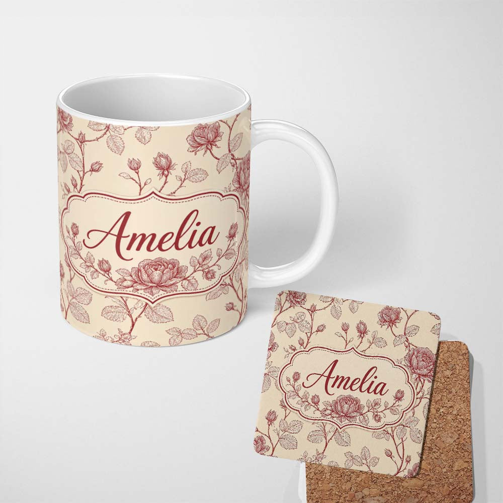 Personalized Custom Name Classic Red Line Art Rose Botanical Seamless Pattern Design Lovely 11oz Ceramic Coffee Tea Mug White Large Handle
