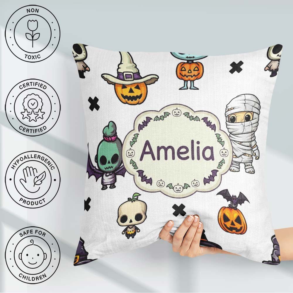 Custom Name Frankenstein Mummy Bat Pumpkin Seamless Pattern Grey Square Filled Cushion Throw Pillow Sofa Bed Home Decor Zip Washable UK Made