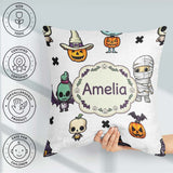 Custom Name Frankenstein Mummy Bat Pumpkin Seamless Pattern Grey Square Filled Cushion Throw Pillow Sofa Bed Home Decor Zip Washable UK Made