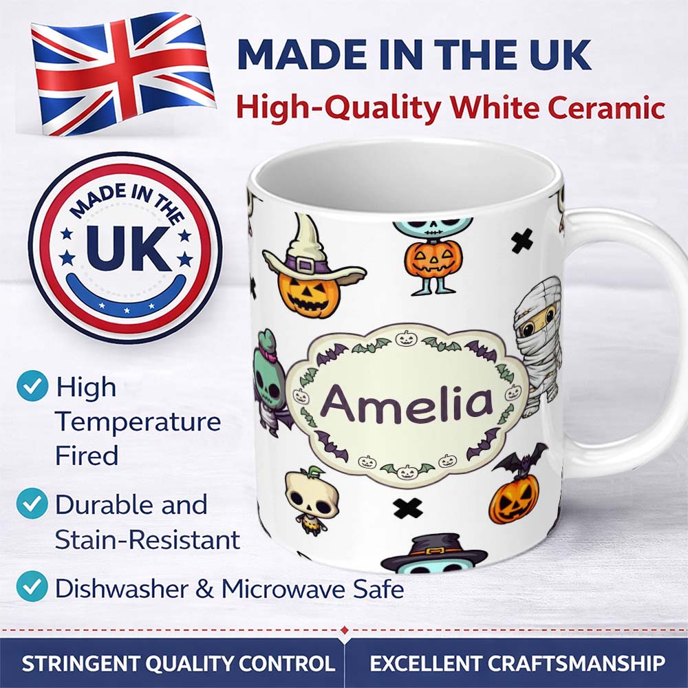 Personalized Custom Name Cute Halloween Frankenstein Mummy Bat Pumpkin Seamless Pattern Grey 11oz Ceramic Coffee Tea Mug White Large Handle