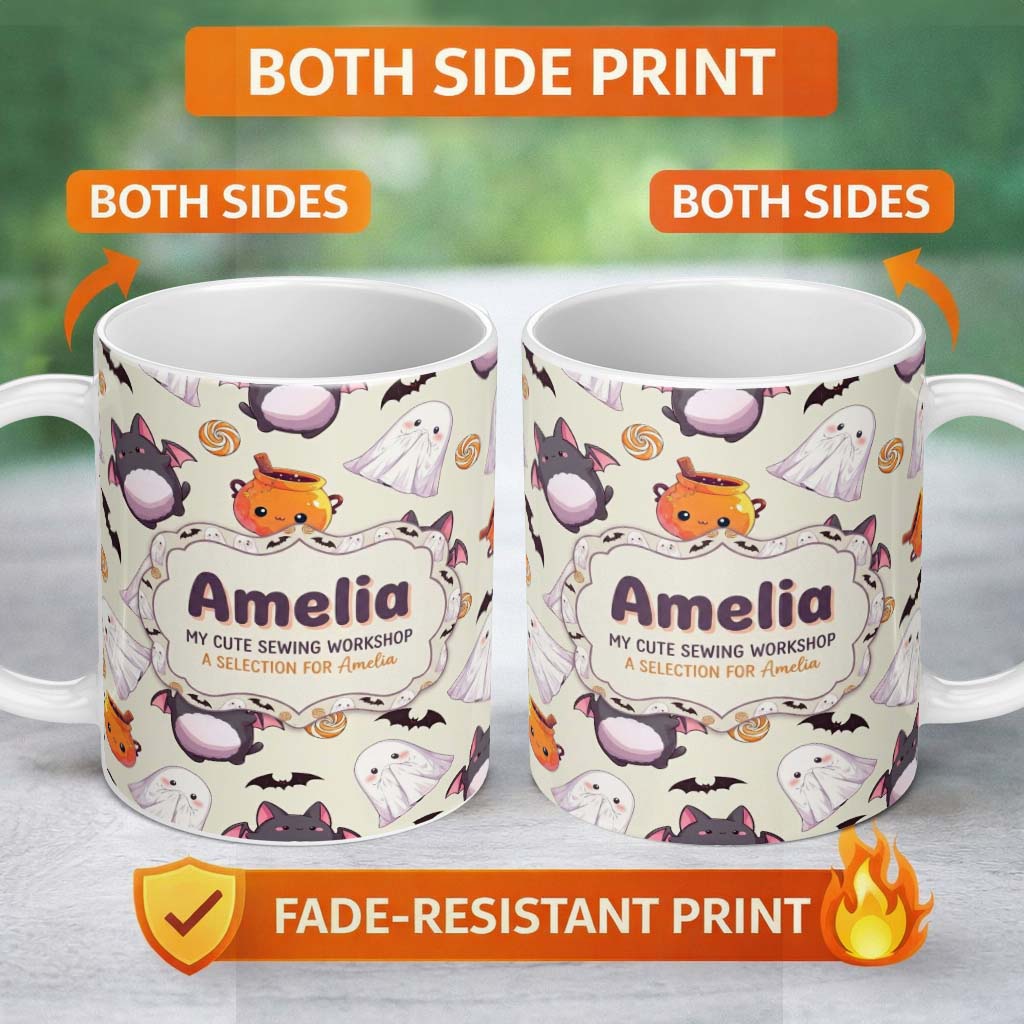 Personalized Custom Name Cute Kawaii Halloween Ghost Bat Candy Pumpkin Seamless Pattern 11oz Ceramic Coffee Tea Mug White Large Handle