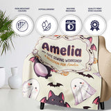 Cute Kawaii Halloween Ghost Bat Candy Pumpkin Seamless Pattern  Personalised Custom Name Super Soft Fleece Blanket Bed Sofa Throw