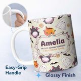 Personalized Custom Name Cute Kawaii Halloween Ghost Bat Candy Pumpkin Seamless Pattern 11oz Ceramic Coffee Tea Mug White Large Handle