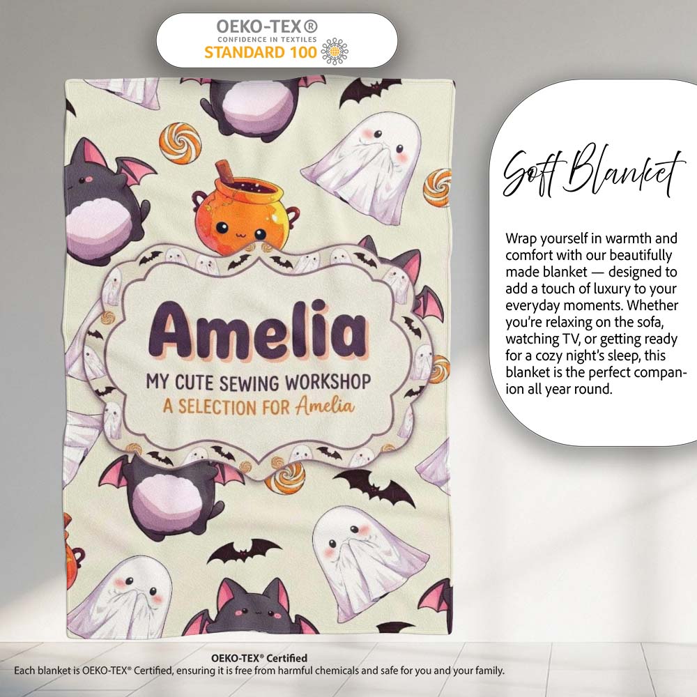 Cute Kawaii Halloween Ghost Bat Candy Pumpkin Seamless Pattern  Personalised Custom Name Super Soft Fleece Blanket Bed Sofa Throw