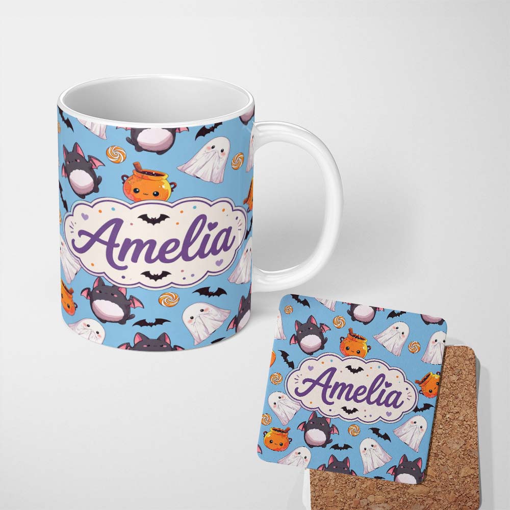 Personalized Custom Name Cute Kawaii Halloween Ghost Bat Candy Pumpkin Seamless Pattern Blue 11oz Ceramic Coffee Tea Mug White Large Handle