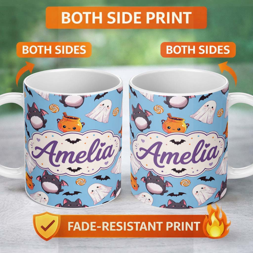 Personalized Custom Name Cute Kawaii Halloween Ghost Bat Candy Pumpkin Seamless Pattern Blue 11oz Ceramic Coffee Tea Mug White Large Handle