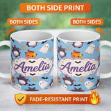 Personalized Custom Name Cute Kawaii Halloween Ghost Bat Candy Pumpkin Seamless Pattern Blue 11oz Ceramic Coffee Tea Mug White Large Handle