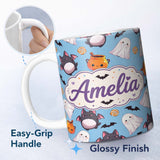 Personalized Custom Name Cute Kawaii Halloween Ghost Bat Candy Pumpkin Seamless Pattern Blue 11oz Ceramic Coffee Tea Mug White Large Handle