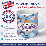Personalized Custom Name Cute Kawaii Halloween Ghost Bat Candy Pumpkin Seamless Pattern Blue 11oz Ceramic Coffee Tea Mug White Large Handle
