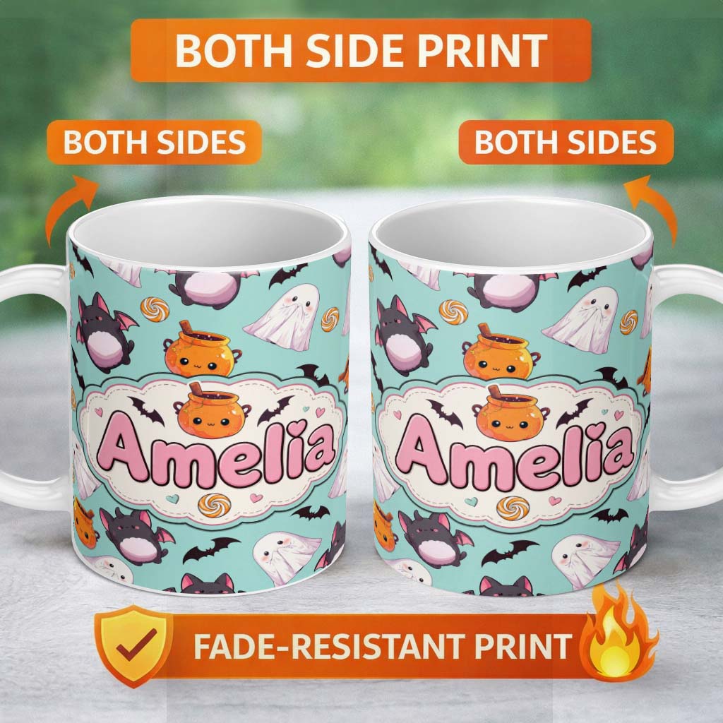Personalized Custom Name Cute Kawaii Halloween Ghost Bat Candy Pumpkin Seamless Pattern Mint 11oz Ceramic Coffee Tea Mug White Large Handle