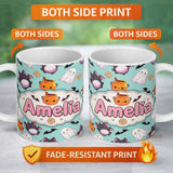 Personalized Custom Name Cute Kawaii Halloween Ghost Bat Candy Pumpkin Seamless Pattern Mint 11oz Ceramic Coffee Tea Mug White Large Handle