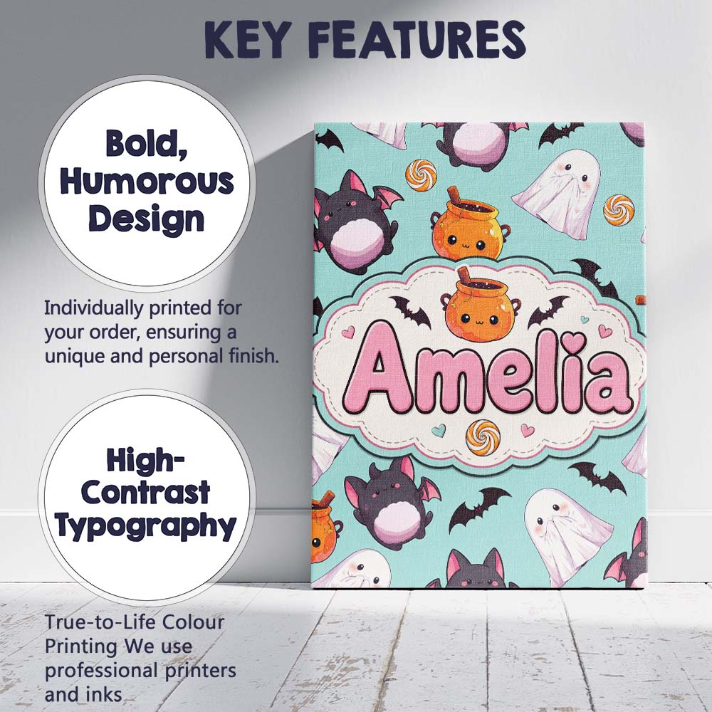 Personalised Name Cute Kawaii Halloween Custom  Modern Room Accent Elegant Feature Canvas Wall Art Print Decor Picture Ready to Hang