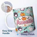 Personalized Custom Name Cute Kawaii Halloween Ghost Bat Candy Pumpkin Seamless Pattern Mint 11oz Ceramic Coffee Tea Mug White Large Handle