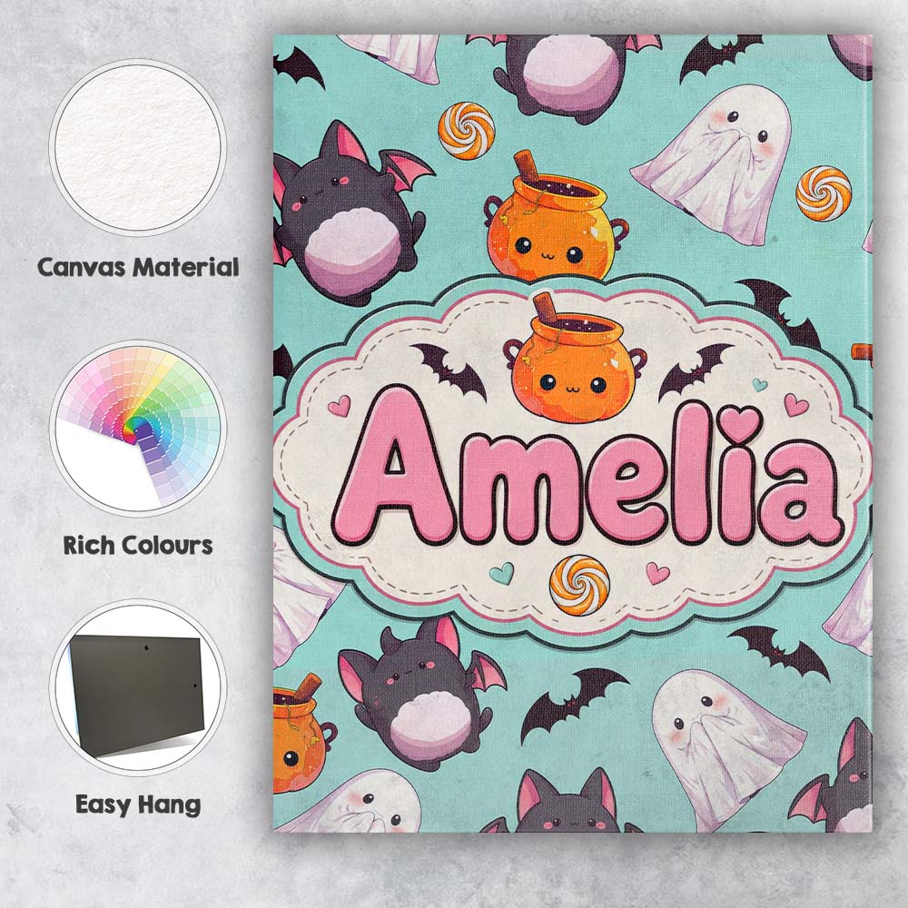Personalised Name Cute Kawaii Halloween Custom  Modern Room Accent Elegant Feature Canvas Wall Art Print Decor Picture Ready to Hang