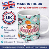 Personalized Custom Name Cute Kawaii Halloween Ghost Bat Candy Pumpkin Seamless Pattern Mint 11oz Ceramic Coffee Tea Mug White Large Handle