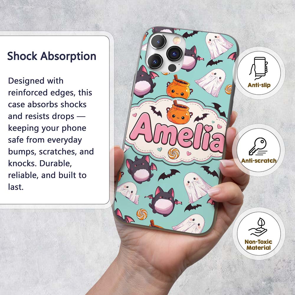 Cute Kawaii Halloween Ghost Bat Candy Pumpkin Custom Name Protective Phone Case Mobile Cover Durable Everyday Smartphone Shock Resistant