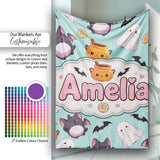Cute Kawaii Halloween Ghost Bat Candy Pumpkin Seamless Pattern Mint  Personalised Custom Name Super Soft Fleece Blanket Bed Sofa Throw