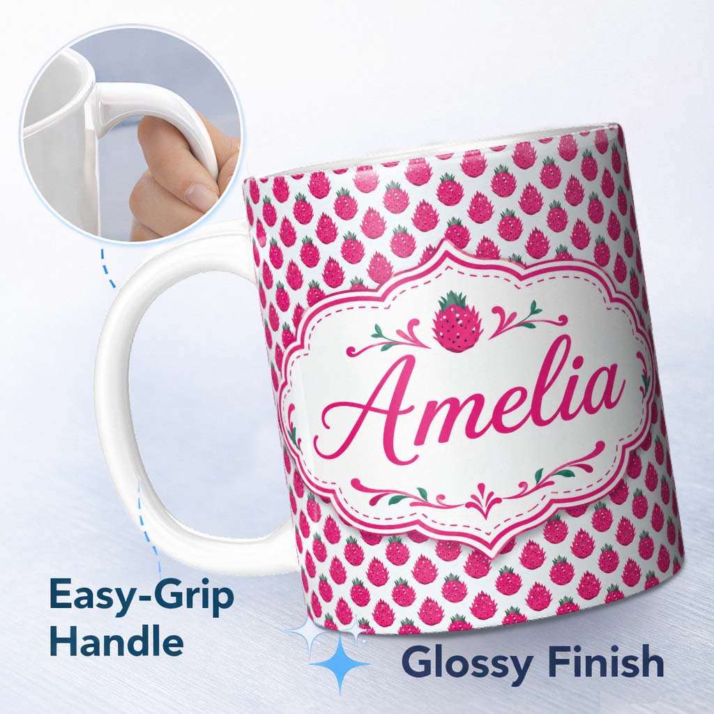 Personalized Custom Name Cute Dragon Fruit Minimal Repeat Seamless Pattern Cute Unique Gift 11oz Ceramic Coffee Tea Mug White Large Handle