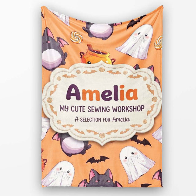 Kawaii Halloween Ghost Bat Candy Pumpkin Seamless Pattern Orange  Personalised Custom Name Super Soft Fleece Blanket Bed Sofa Throw