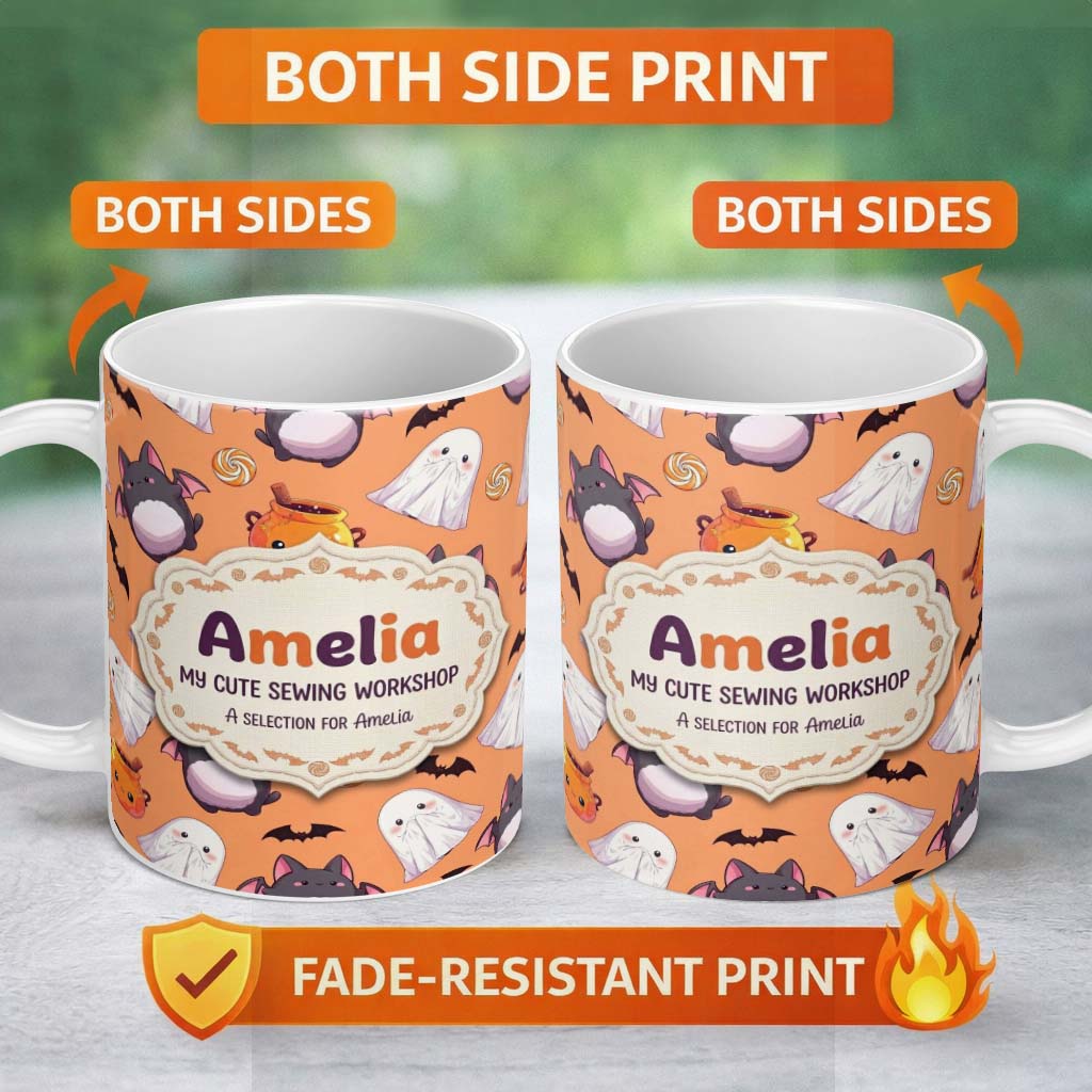 Personalized Custom Name Kawaii Halloween Ghost Bat Candy Pumpkin Seamless Pattern Orange 11oz Ceramic Coffee Tea Mug White Large Handle