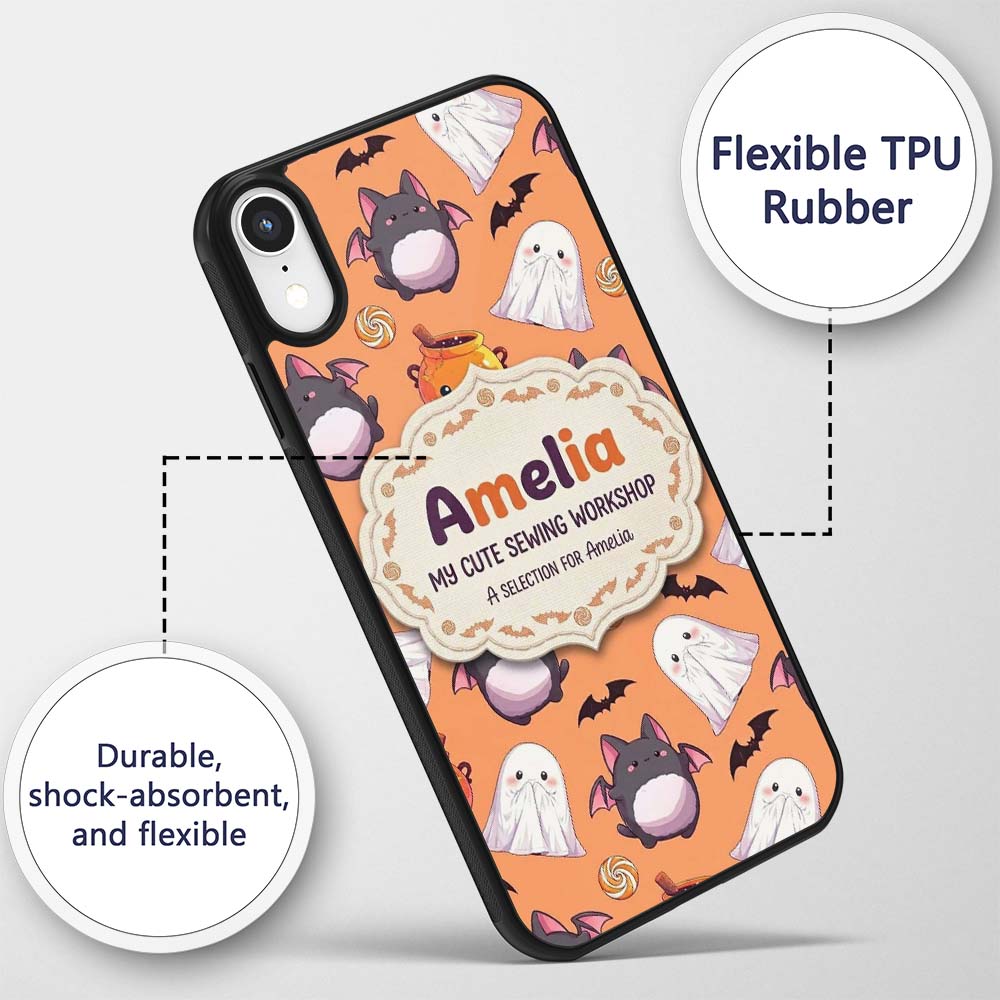 Kawaii Halloween Ghost Bat Candy Pumpkin Seamless Custom Name Protective Phone Case Mobile Cover Durable Everyday Smartphone Shock Resistant