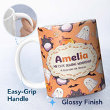 Personalized Custom Name Kawaii Halloween Ghost Bat Candy Pumpkin Seamless Pattern Orange 11oz Ceramic Coffee Tea Mug White Large Handle