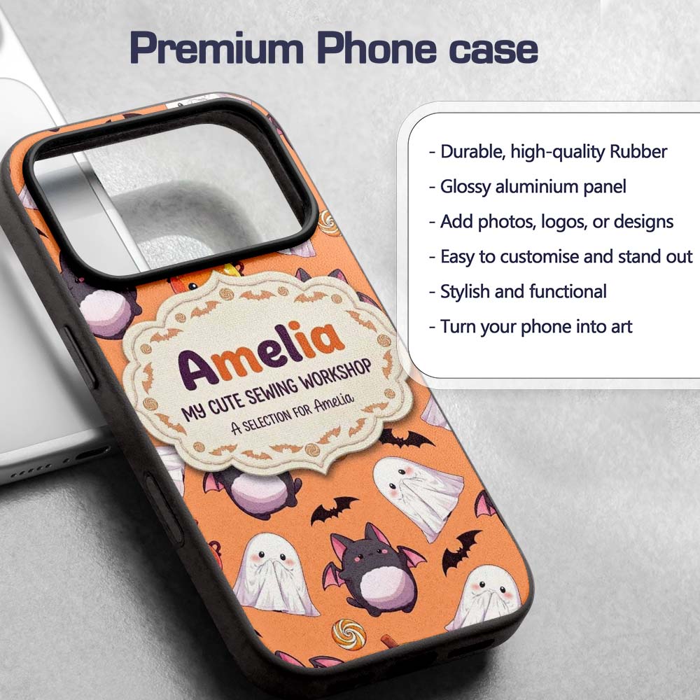 Kawaii Halloween Ghost Bat Candy Pumpkin Seamless Custom Name Protective Phone Case Mobile Cover Durable Everyday Smartphone Shock Resistant