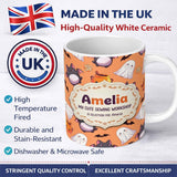 Personalized Custom Name Kawaii Halloween Ghost Bat Candy Pumpkin Seamless Pattern Orange 11oz Ceramic Coffee Tea Mug White Large Handle