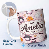 Personalized Custom Name Cute Kawaii Halloween Ghost Bat Candy Pumpkin Seamless Pattern 11oz Ceramic Coffee Tea Mug White Large Handle