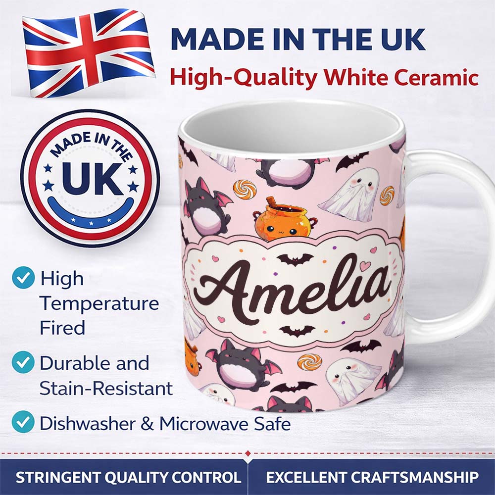 Personalized Custom Name Cute Kawaii Halloween Ghost Bat Candy Pumpkin Seamless Pattern 11oz Ceramic Coffee Tea Mug White Large Handle