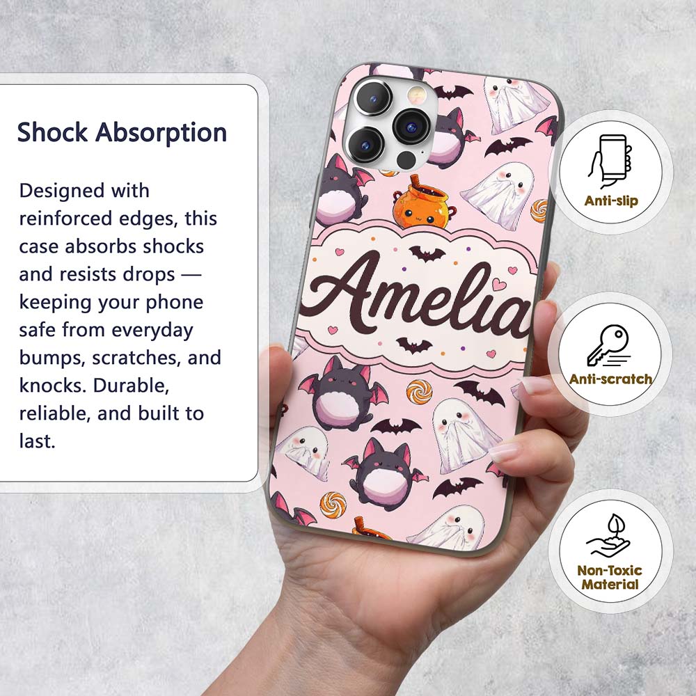 Cute Kawaii Halloween Ghost Bat Candy Pumpkin Custom Name Protective Phone Case Mobile Cover Durable Everyday Smartphone Shock Resistant