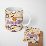 Personalized Custom Name Kawaii Halloween Ghost Bat Candy Pumpkin Seamless Pattern Yellow 11oz Ceramic Coffee Tea Mug White Large Handle