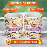 Personalized Custom Name Kawaii Halloween Ghost Bat Candy Pumpkin Seamless Pattern Yellow 11oz Ceramic Coffee Tea Mug White Large Handle