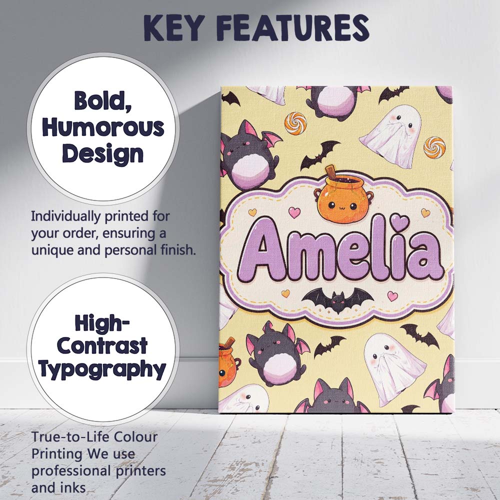 Personalised Name Kawaii Halloween Ghost Custom  Unique Gift Idea Elegant Feature Canvas Wall Art Print Decor Picture Ready to Hang