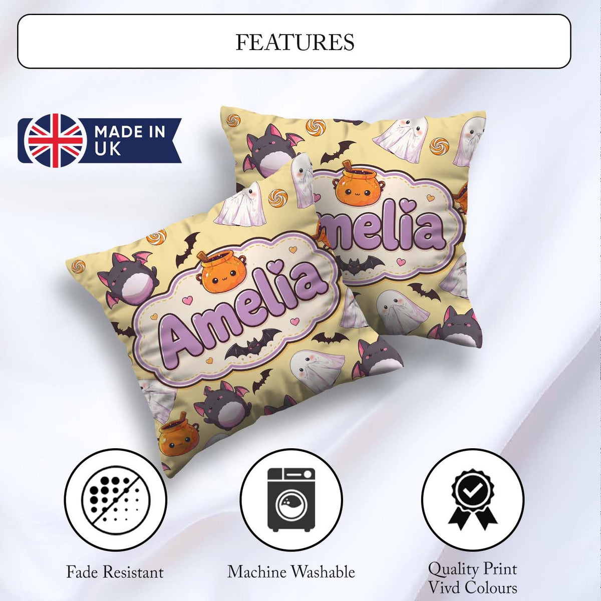 Custom Name Kawaii Halloween Ghost Candy Pumpkin Seamless Yellow Square Filled Cushion Throw Pillow Sofa Bed Home Decor Zip Washable UK Made