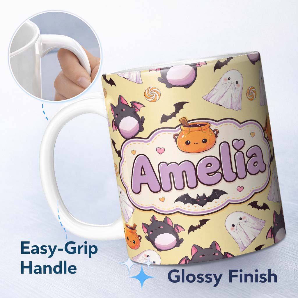 Personalized Custom Name Kawaii Halloween Ghost Bat Candy Pumpkin Seamless Pattern Yellow 11oz Ceramic Coffee Tea Mug White Large Handle
