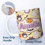 Personalized Custom Name Kawaii Halloween Ghost Bat Candy Pumpkin Seamless Pattern Yellow 11oz Ceramic Coffee Tea Mug White Large Handle