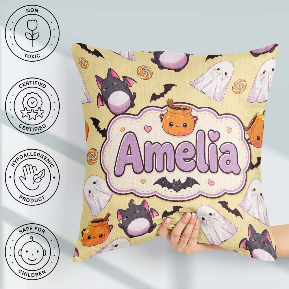 Custom Name Kawaii Halloween Ghost Candy Pumpkin Seamless Yellow Square Filled Cushion Throw Pillow Sofa Bed Home Decor Zip Washable UK Made