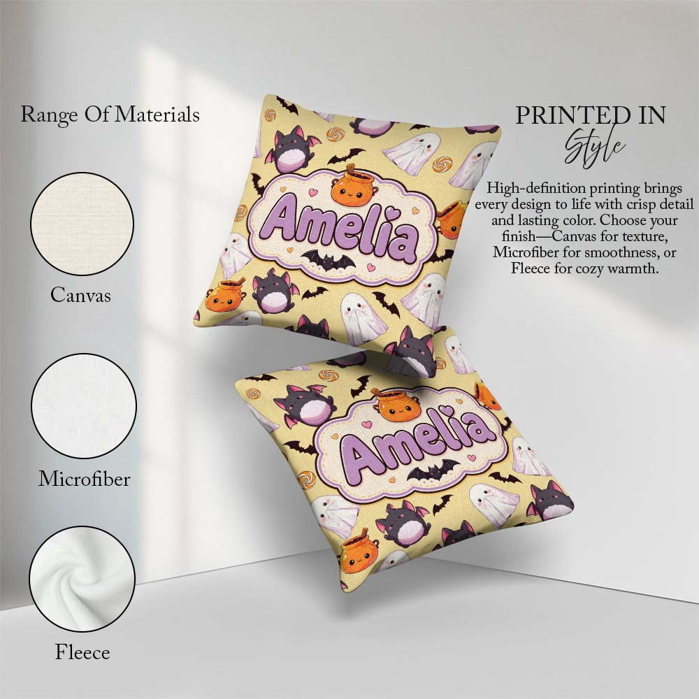 Custom Name Kawaii Halloween Ghost Candy Pumpkin Seamless Yellow Square Filled Cushion Throw Pillow Sofa Bed Home Decor Zip Washable UK Made