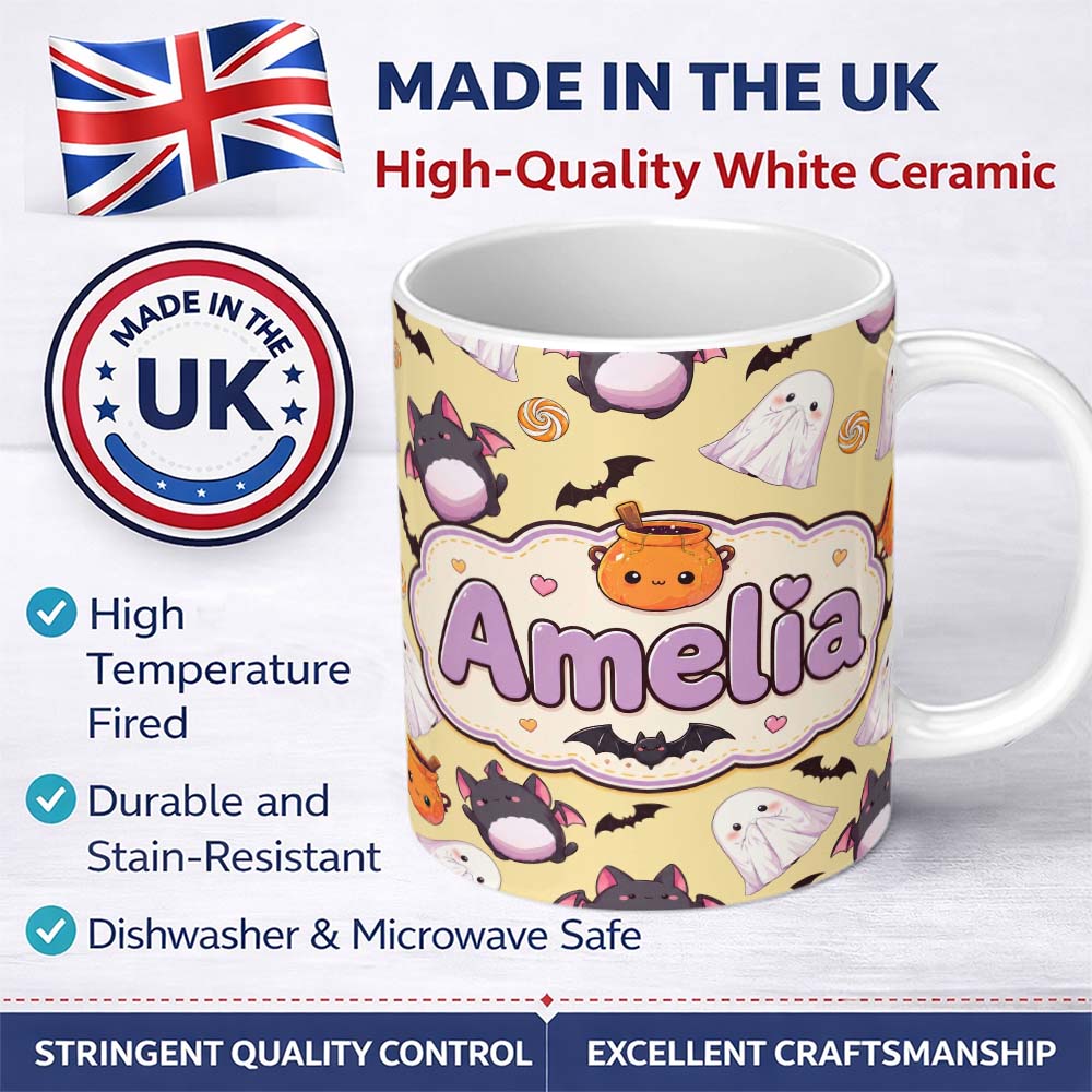 Personalized Custom Name Kawaii Halloween Ghost Bat Candy Pumpkin Seamless Pattern Yellow 11oz Ceramic Coffee Tea Mug White Large Handle
