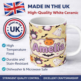 Personalized Custom Name Kawaii Halloween Ghost Bat Candy Pumpkin Seamless Pattern Yellow 11oz Ceramic Coffee Tea Mug White Large Handle