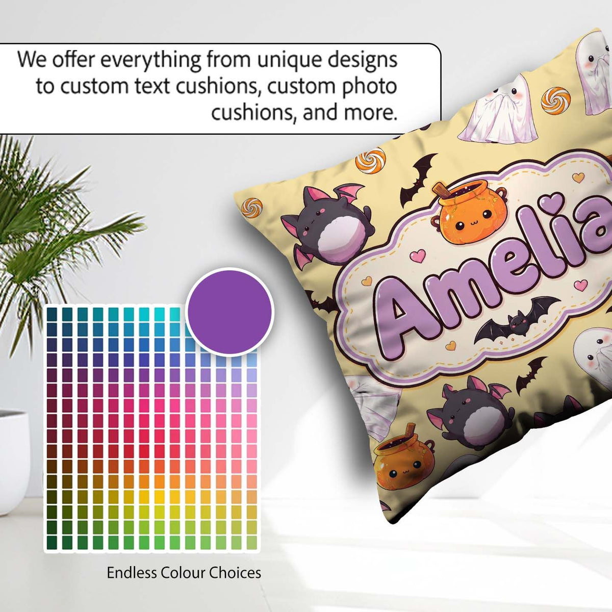 Custom Name Kawaii Halloween Ghost Candy Pumpkin Seamless Yellow Square Filled Cushion Throw Pillow Sofa Bed Home Decor Zip Washable UK Made