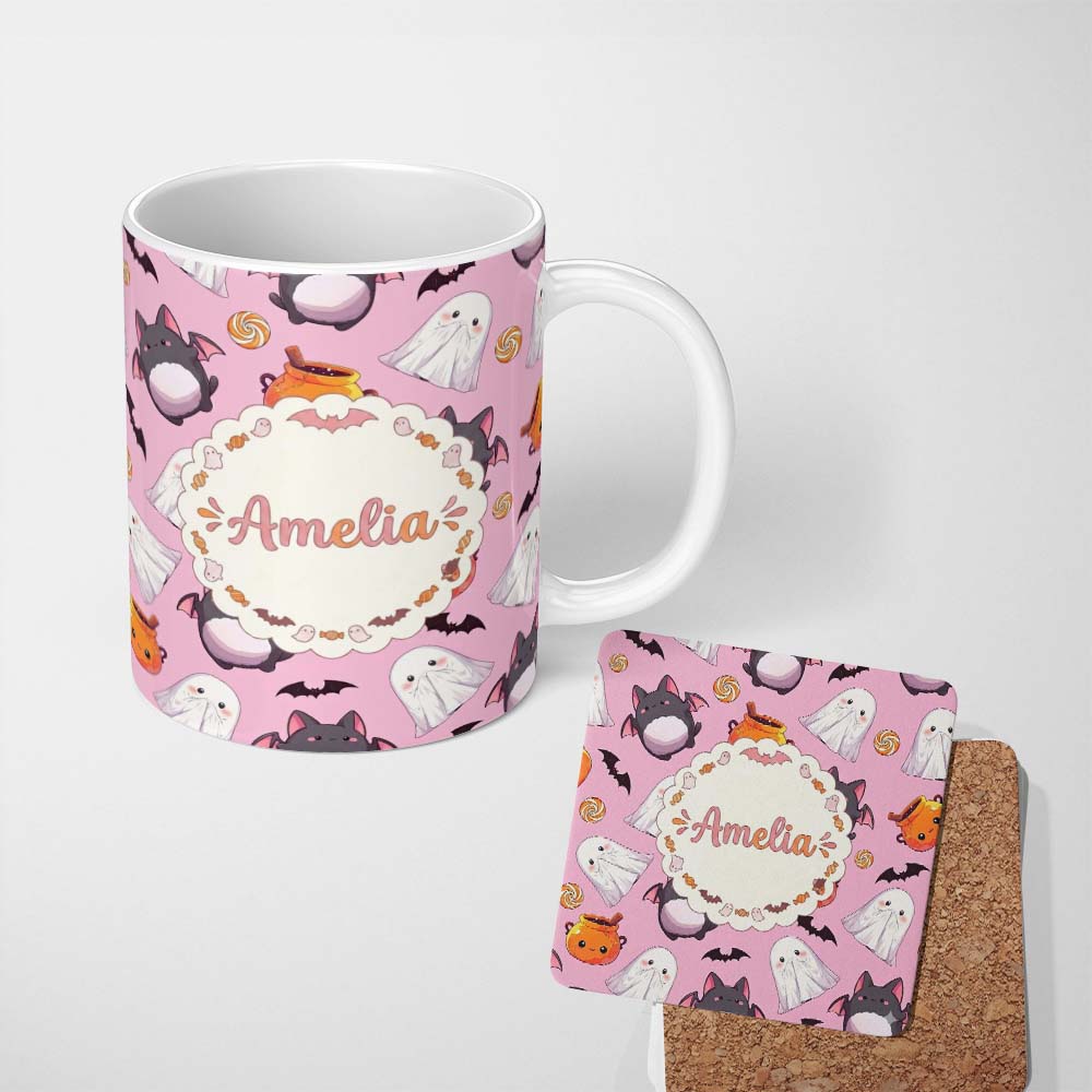 Personalized Custom Name Cute Kawaii Halloween Ghost Bat Candy Pumpkin Seamless Pattern Pink 11oz Ceramic Coffee Tea Mug White Large Handle