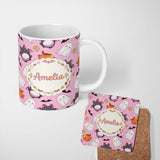 Personalized Custom Name Cute Kawaii Halloween Ghost Bat Candy Pumpkin Seamless Pattern Pink 11oz Ceramic Coffee Tea Mug White Large Handle