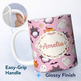Personalized Custom Name Cute Kawaii Halloween Ghost Bat Candy Pumpkin Seamless Pattern Pink 11oz Ceramic Coffee Tea Mug White Large Handle