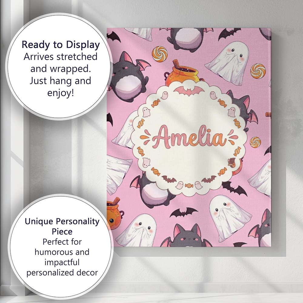 Personalised Name Cute Kawaii Halloween Custom  Modern Room Accent Elegant Feature Canvas Wall Art Print Decor Picture Ready to Hang